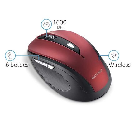 Mouse Sem Fio Comfort Conexão Usb 1600dpi Ajustável 6 Botões Textura Emborrachada Vermelho - MO239 MO239