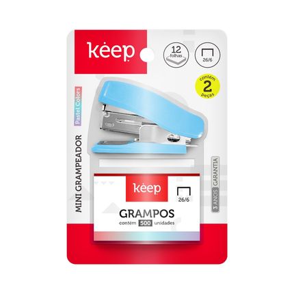 Mini Grampeador 15 Folhas Azul Blister de 500 Grampos 26/6 Keep - EI165OUT [Reembalado] EI165OUT