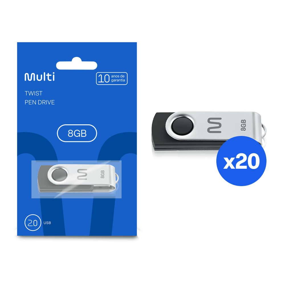Combo 20 unidades do Pen Drive Twist 8GB USB Leitura 10MB/s e Gravação 3MB/s Preto Multilaser- PD5871K