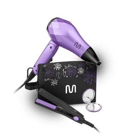 Kit Viagem c/ Mini Secador Bivolt 1000w Dobrável, Mini Prancha 20W, Espelho e Bolsa para Transporte - EB052OUT [Reembalado] EB052OUT