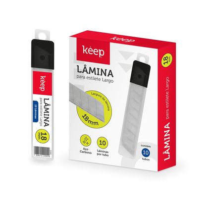 Lâmina para Estilete Largo 18mm Tubo com 10 Peças Keep - EI169 EI169