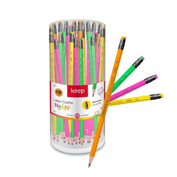 Lápis Grafite HB Neon Sextavado Resina com Borracha 4 Cores c/72 Unidades Keep - EI150OUT [Remanufaturado] EI150OUT