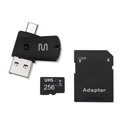 Kit 4 em 1 Cartão de Memória 256GB Ultra High Speed-I U3 + Adptador USB/OTG Tipo C + Adaptador SD - MC154 MC154