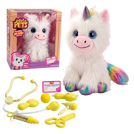 Pelúcia Adota Pets Floquinho Unicórnio Branco com Acessórios e Certificado de Adoção Multikids - BR2604 BR2604